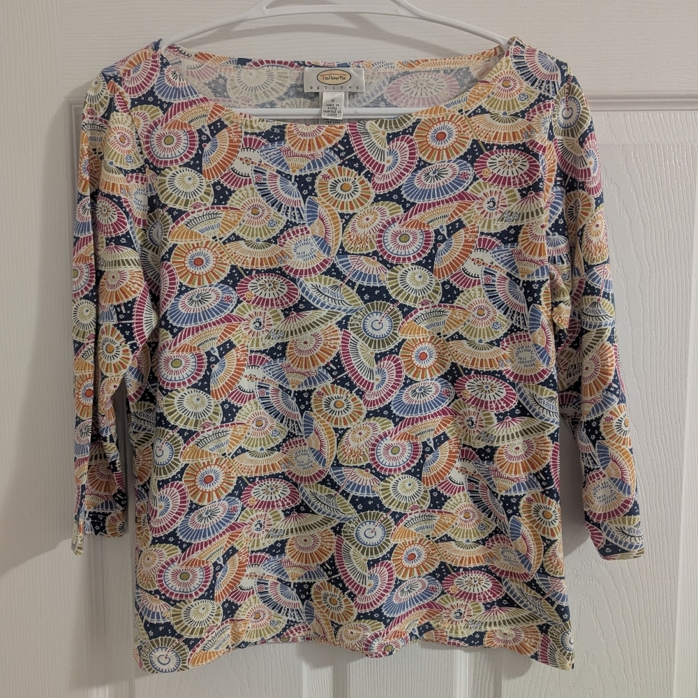TALBOTS PETITES Japanese Parasol Wagasa Print Cotton 3/4 Sleeve Tee Sz Small P